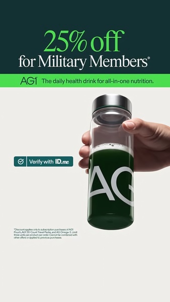A high-contrast vertical ad targeting military members with a 25% discount offer, featuring a clear call-to-action for verification.